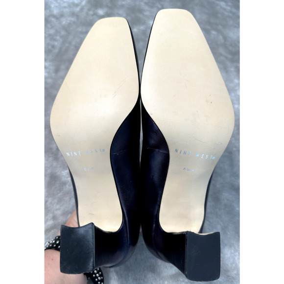 Nine West Vintage Navy Blue Metallic Leather Pumps Y2K 90s Square Toe Womens 6.5 - Picture 5 of 9